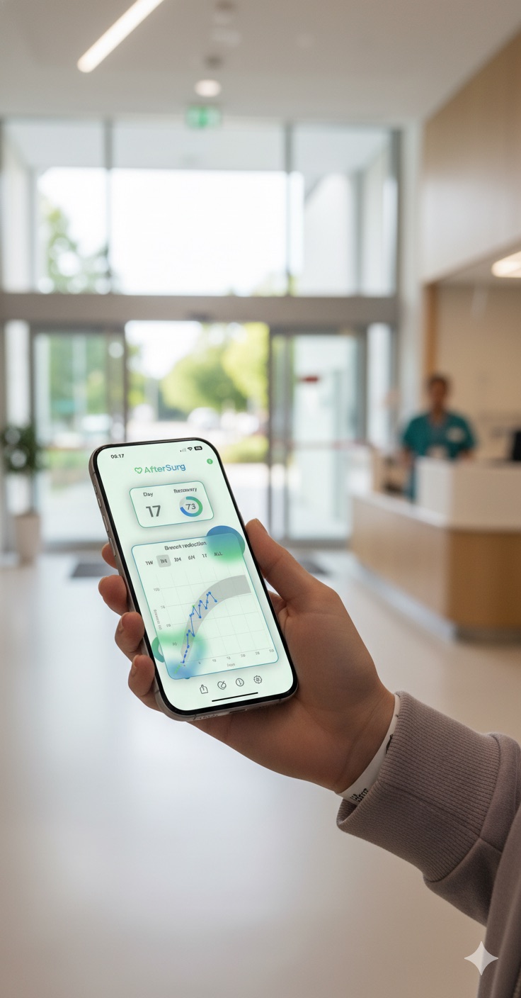 A person using a recovery app on a phone while leaving hospital