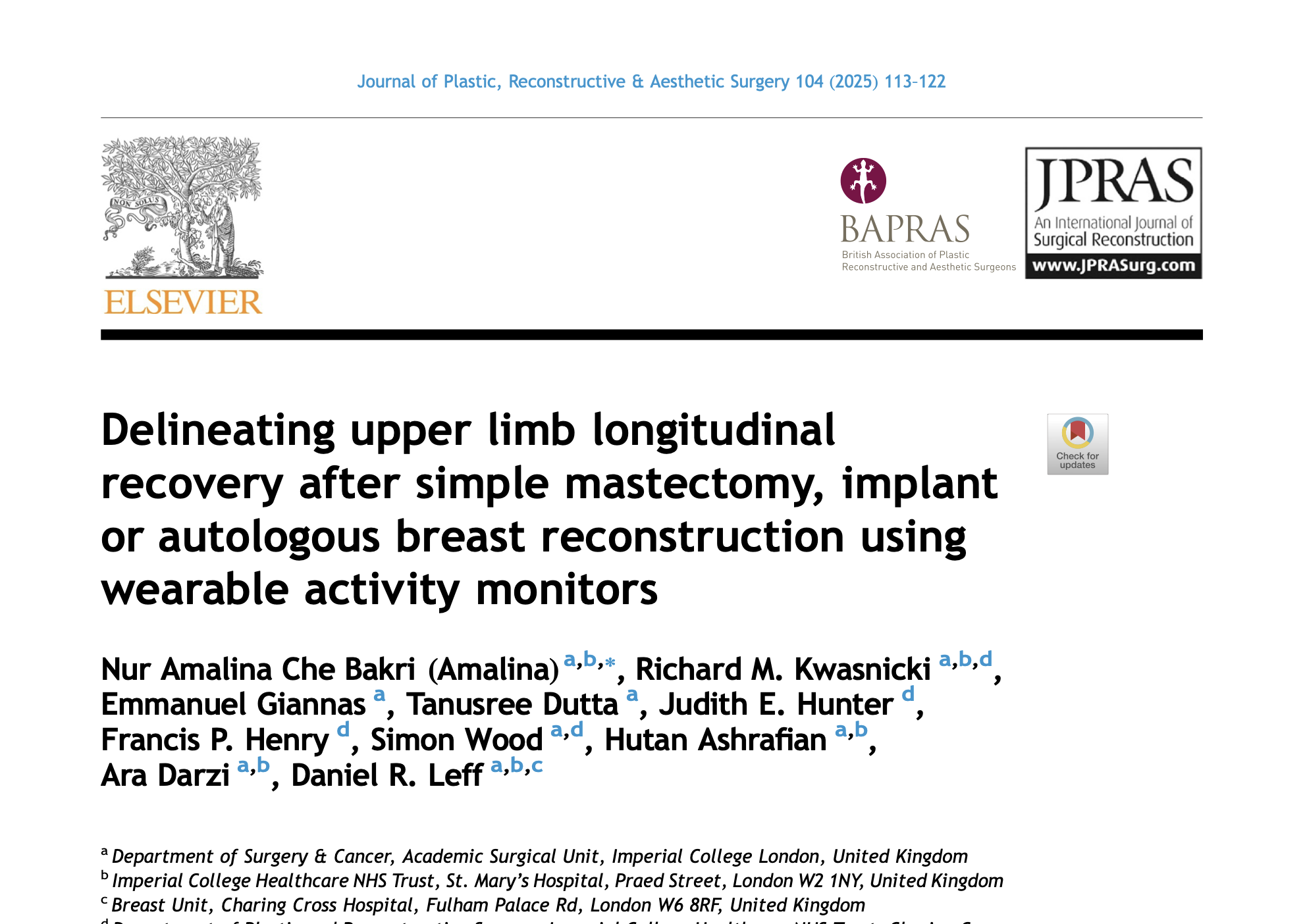 First page of the paper Delineating upper limb longitudinal recovery after breast surgery