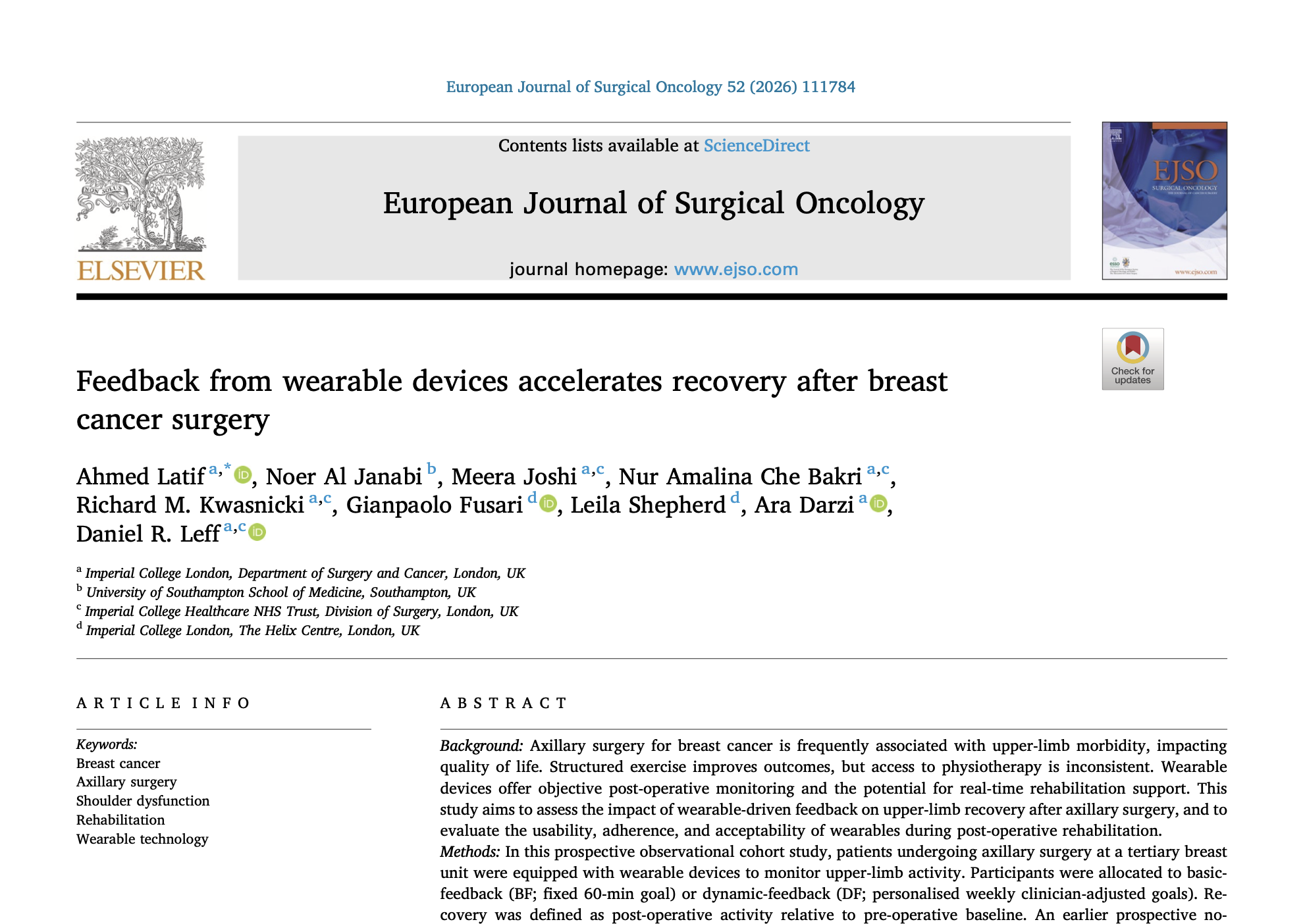 First page of the paper Feedback from wearable devices accelerates recovery after breast cancer surgery