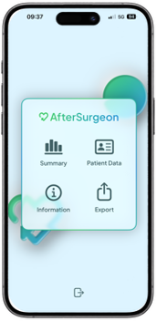 AfterSurgeon professional platform showing summary, patient data, information and export options